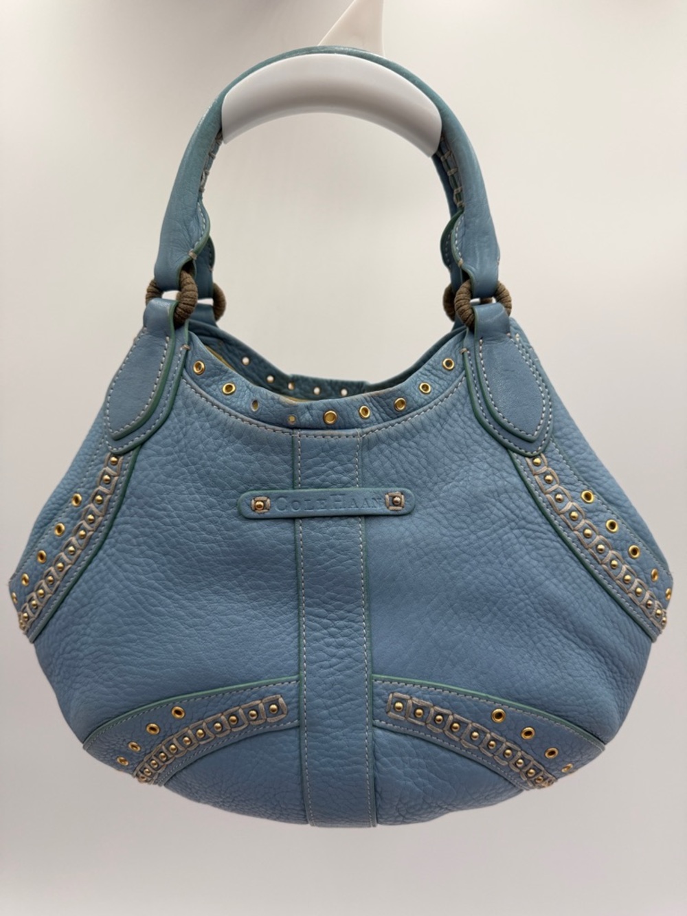 COLE HAAN Village Grommet Blue Studded Leather Hobo Bag